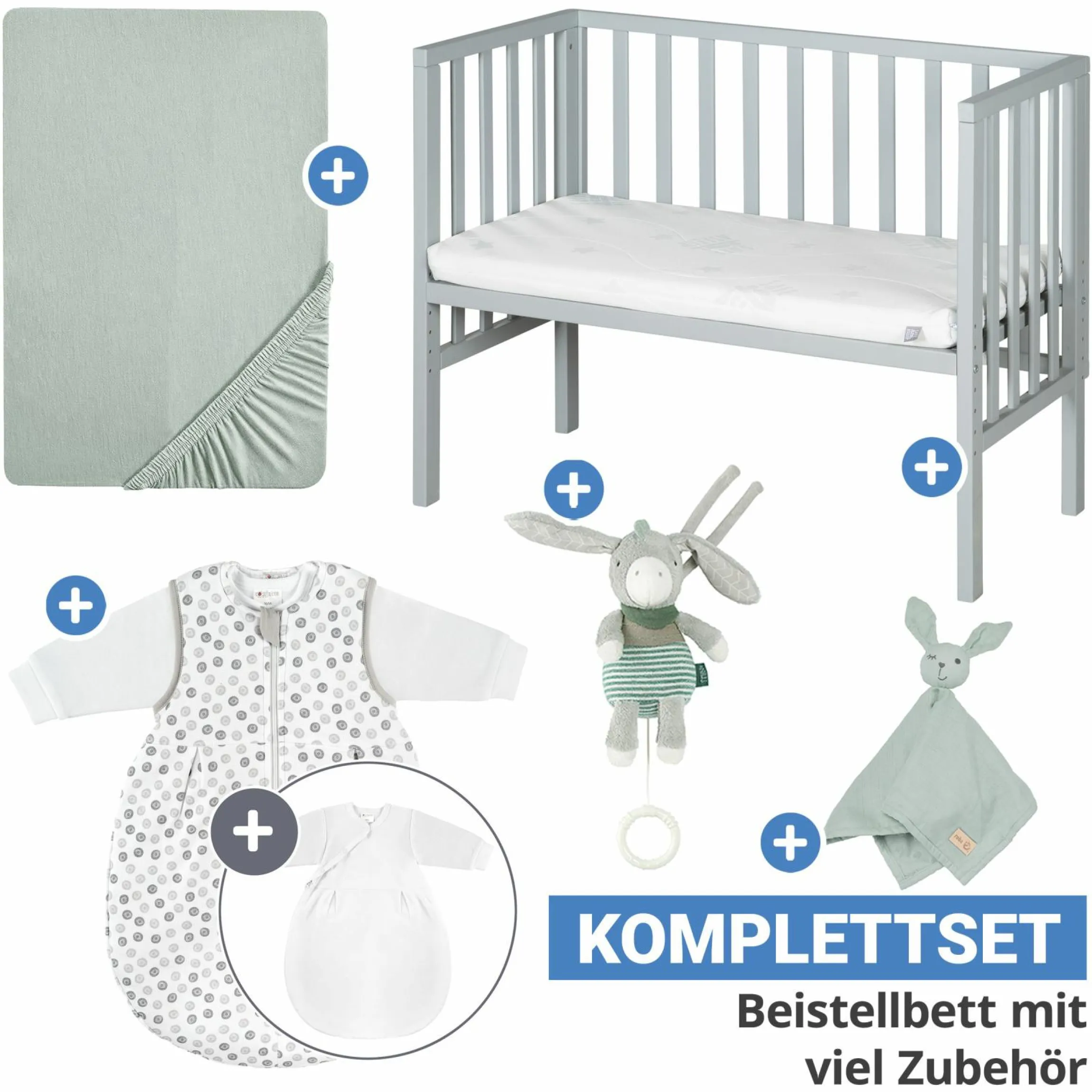 6-tlg. Beistellbett-Komplett-Set mit Canvas-Barriere, Matratze 90 x 45 cm, Spannbetttuch, 2-tlg-Schlafsack, Schmusetuch & Spieluhr 47 x 99,5 cm - Taupe