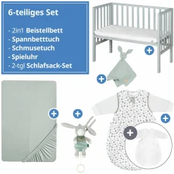 6-tlg. Beistellbett-Komplett-Set mit Canvas-Barriere, Matratze 90 x 45 cm, Spannbetttuch, 2-tlg-Schlafsack, Schmusetuch & Spieluhr 47 x 99,5 cm - Taupe