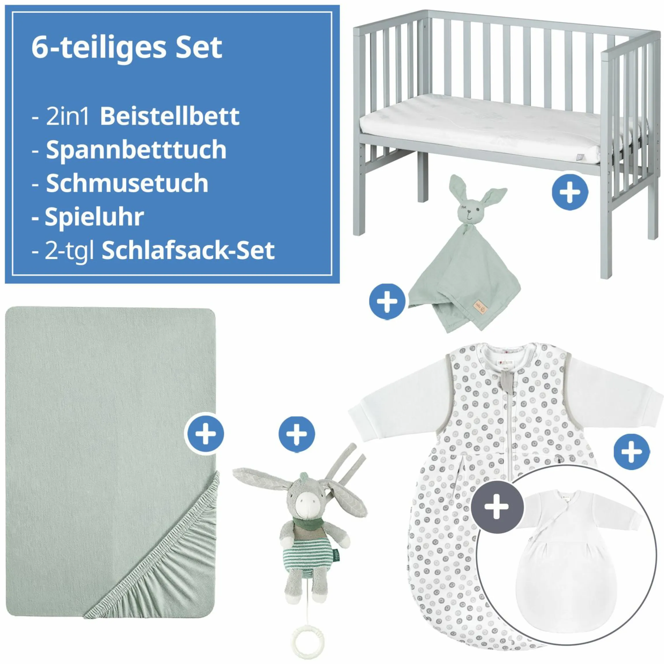 6-tlg. Beistellbett-Komplett-Set mit Canvas-Barriere, Matratze 90 x 45 cm, Spannbetttuch, 2-tlg-Schlafsack, Schmusetuch & Spieluhr 47 x 99,5 cm - Taupe