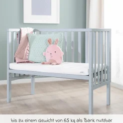 6-tlg. Beistellbett-Komplett-Set mit Canvas-Barriere, Matratze 90 x 45 cm, Spannbetttuch, 2-tlg-Schlafsack, Schmusetuch & Spieluhr 47 x 99,5 cm - Taupe