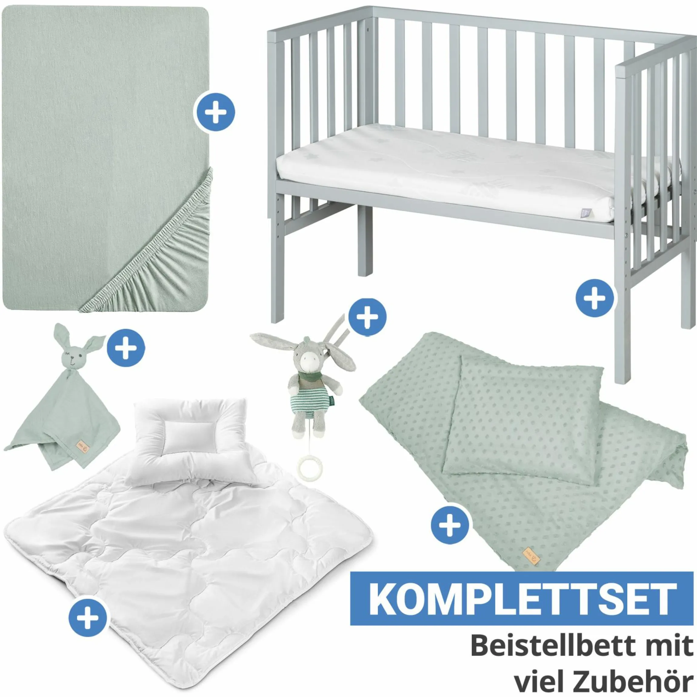 8-tlg. Beistellbett-Komplett-Set mit Canvas-Barriere, Matratze 90 x 45 cm, Spannbetttuch, Steppbett, Bettwäsche, Schmusetuch & Spieluhr 47 x 99,5 cm - Taupe