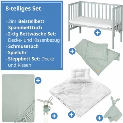 8-tlg. Beistellbett-Komplett-Set mit Canvas-Barriere, Matratze 90 x 45 cm, Spannbetttuch, Steppbett, Bettwäsche, Schmusetuch & Spieluhr 47 x 99,5 cm - Taupe