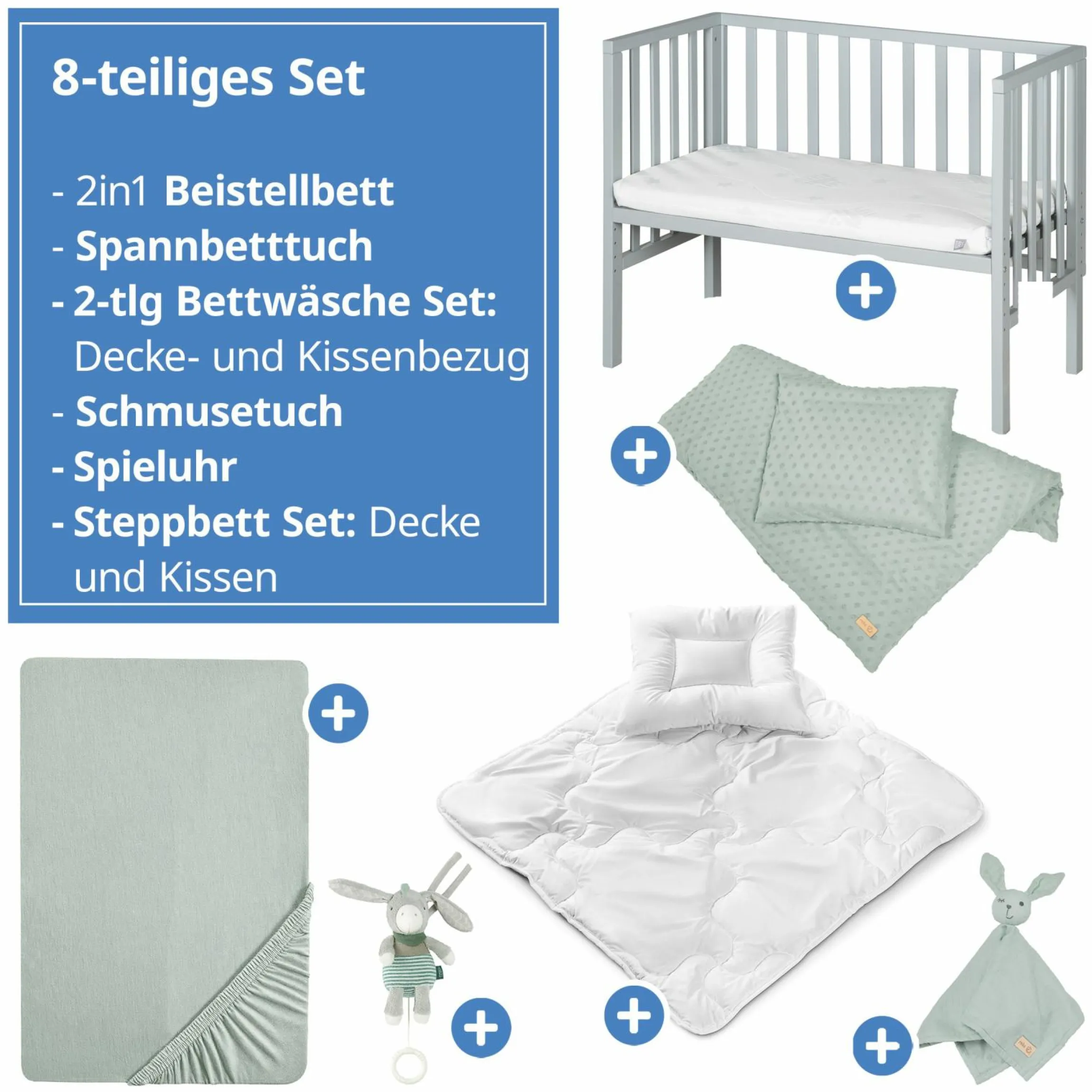 8-tlg. Beistellbett-Komplett-Set mit Canvas-Barriere, Matratze 90 x 45 cm, Spannbetttuch, Steppbett, Bettwäsche, Schmusetuch & Spieluhr 47 x 99,5 cm - Taupe