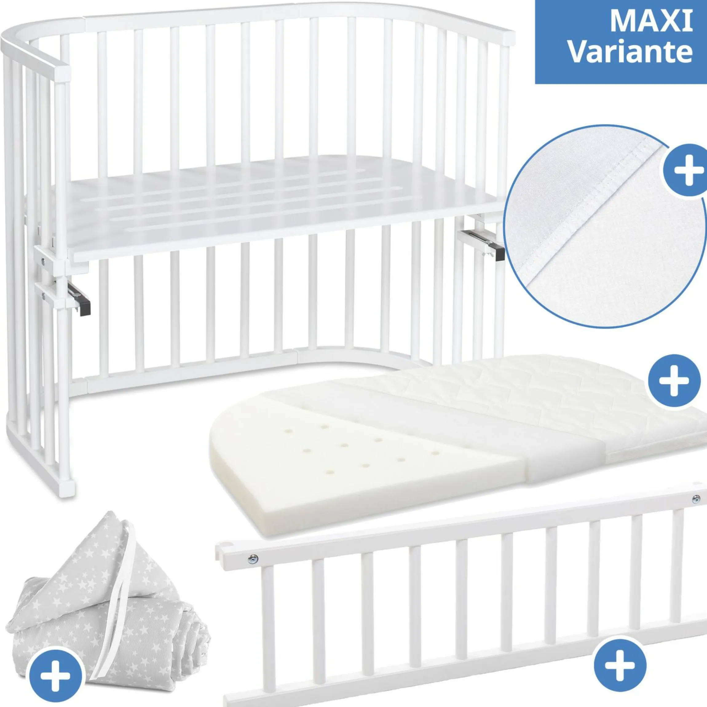 5-tlg.- Beistellbett-Set Maxi mit Matratze Classic Fresh, Nestchen Sterne Weiß Perlgrau, Spannbetttuch Deluxe Weiß & Verschlussgitter - Weiß - Kollektion 2024