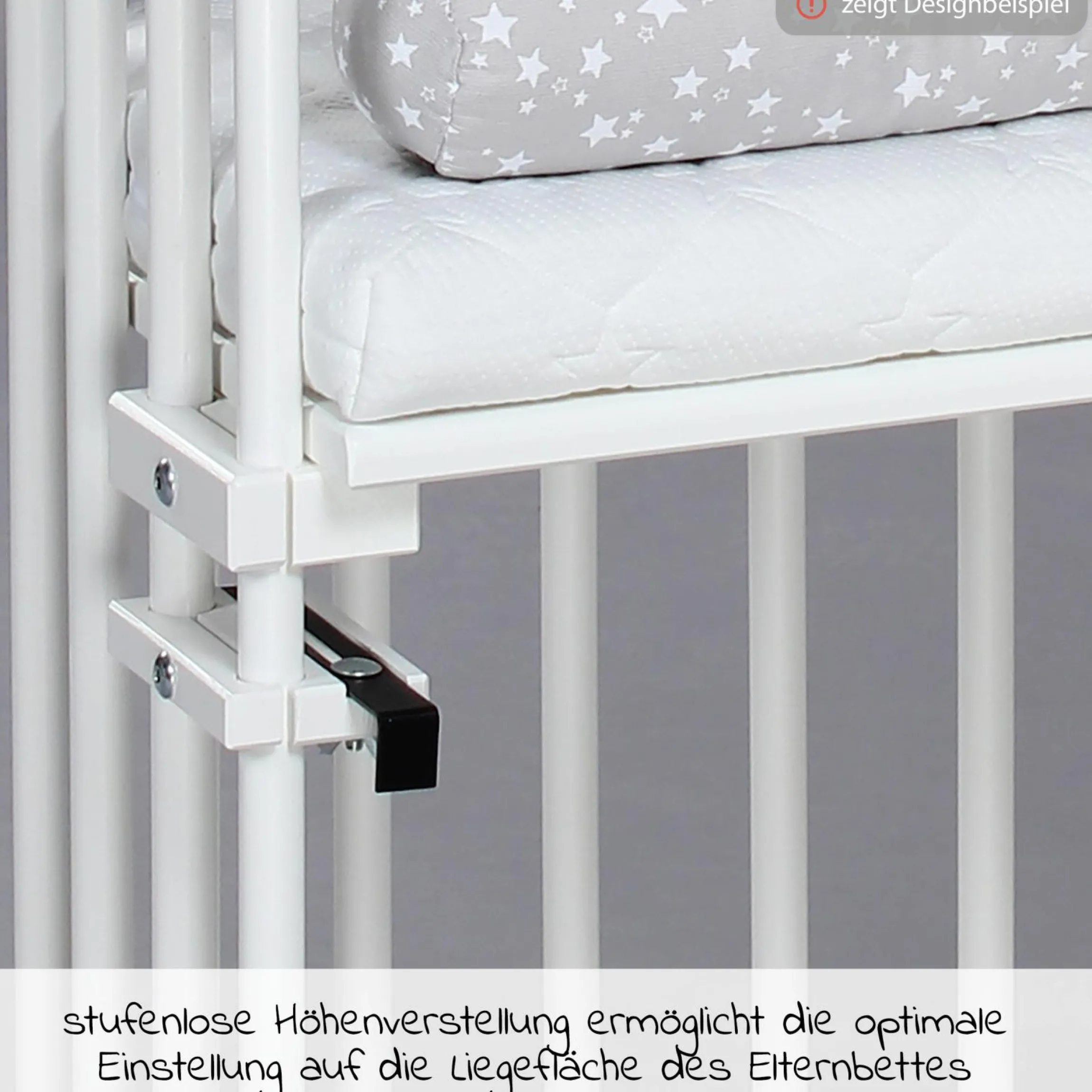 5-tlg.- Beistellbett-Set Maxi mit Matratze Classic Fresh, Nestchen Sterne Weiß Perlgrau, Spannbetttuch Deluxe Weiß & Verschlussgitter - Weiß - Kollektion 2024