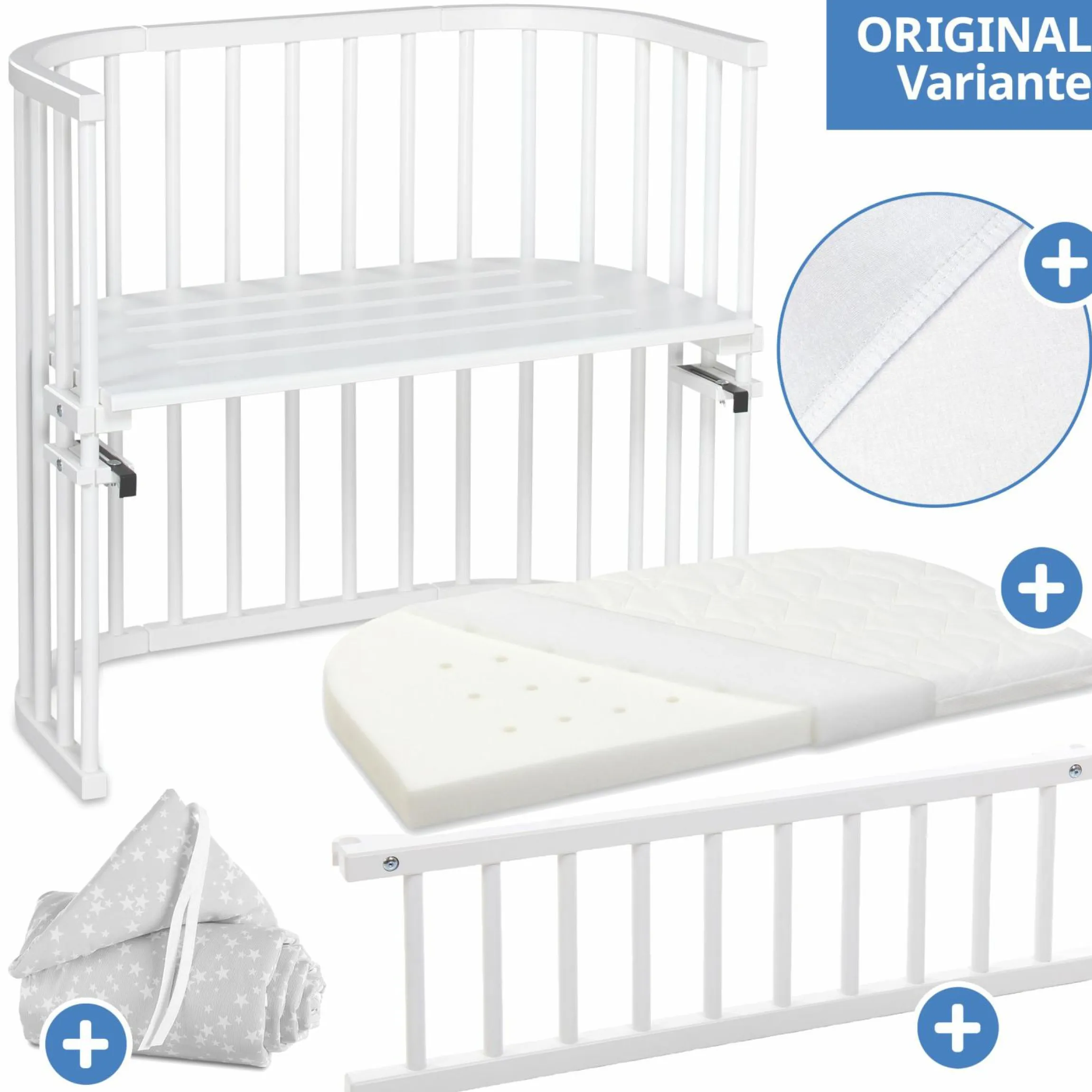 5-tlg.- Beistellbett-Set Original mit Matratze Klima Wave, Nestchen Sterne Weiß Perlgrau, Spannbetttuch Deluxe Weiß & Verschlussgitter - Weiß - Kollektion 2024