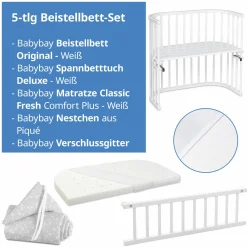 5-tlg.- Beistellbett-Set Original mit Matratze Klima Wave, Nestchen Sterne Weiß Perlgrau, Spannbetttuch Deluxe Weiß & Verschlussgitter - Weiß - Kollektion 2024