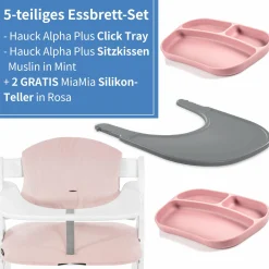 5-tlg. Essbrett-Set für Alpha Plus - Click Tray + Sitzkissen + GRATIS 2x Silikon-Teller - Grey Muslin Rose