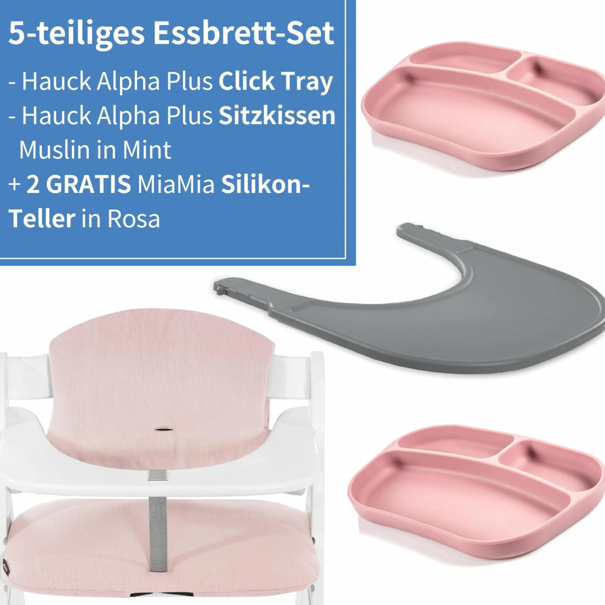 5-tlg. Essbrett-Set für Alpha Plus - Click Tray + Sitzkissen + GRATIS 2x Silikon-Teller - Grey Muslin Rose