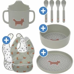9-tlg. Esslern-Set - Schnabeltasse + Schale + Teller + 4 Löffel + 2 Klett-Lätzchen - Little Forest Fox - Olive