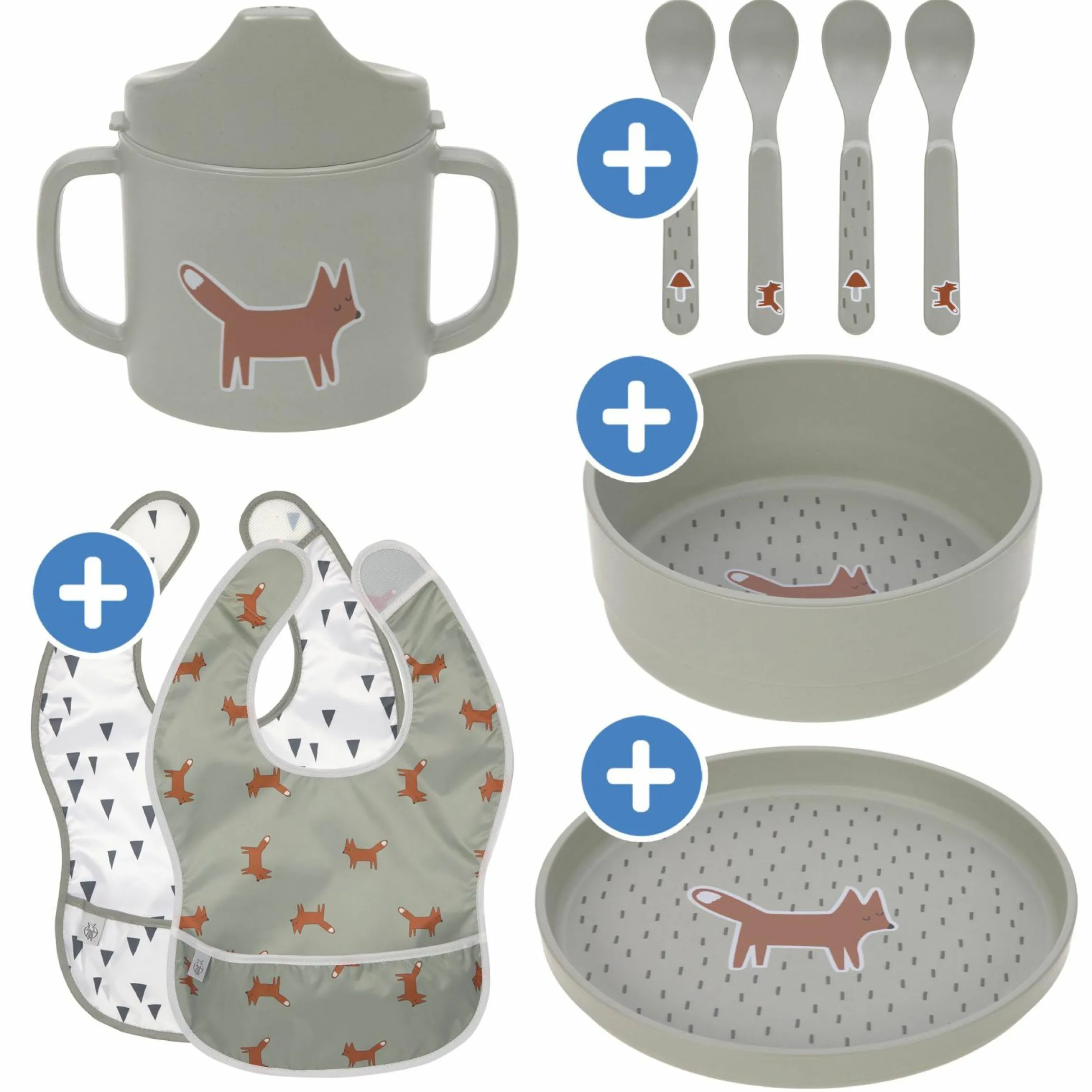 9-tlg. Esslern-Set - Schnabeltasse + Schale + Teller + 4 Löffel + 2 Klett-Lätzchen - Little Forest Fox - Olive