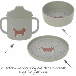 9-tlg. Esslern-Set - Schnabeltasse + Schale + Teller + 4 Löffel + 2 Klett-Lätzchen - Little Forest Fox - Olive