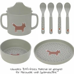 9-tlg. Esslern-Set - Schnabeltasse + Schale + Teller + 4 Löffel + 2 Klett-Lätzchen - Little Forest Fox - Olive