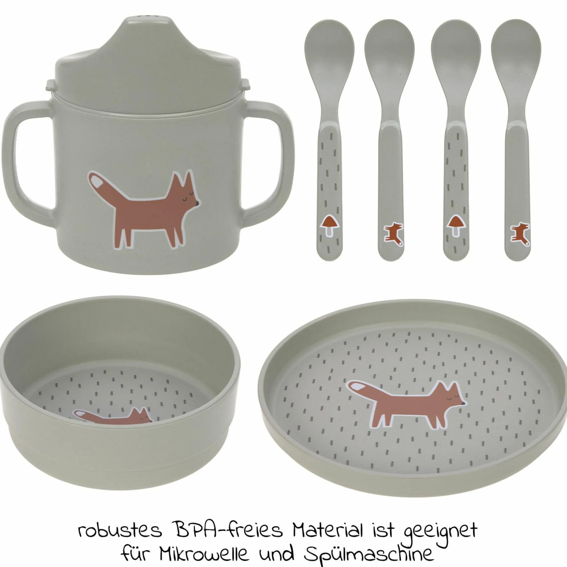 9-tlg. Esslern-Set - Schnabeltasse + Schale + Teller + 4 Löffel + 2 Klett-Lätzchen - Little Forest Fox - Olive