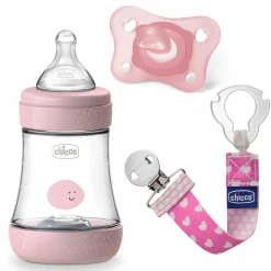 3-tlg. Geschenkset PP-Flasche Perfect5 150 ml + Schnuller und Schnullerband - Rosa