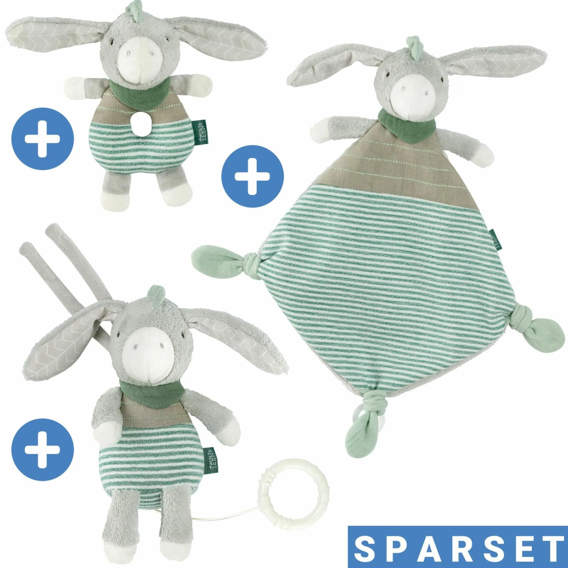 3-tlg. Geschenk-Set zur Geburt Eselchen Exklusiv - Spieluhr + Schmusetuch + Greifling