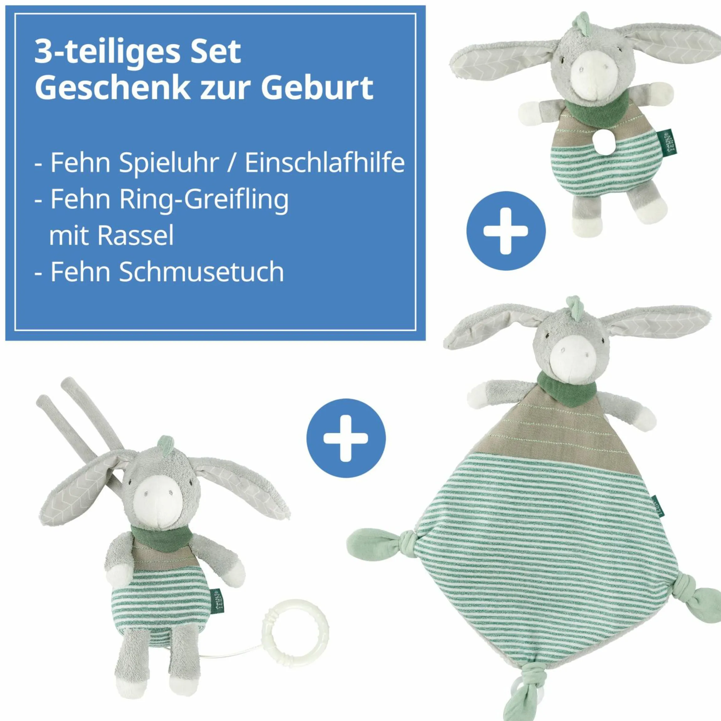 3-tlg. Geschenk-Set zur Geburt Eselchen Exklusiv - Spieluhr + Schmusetuch + Greifling