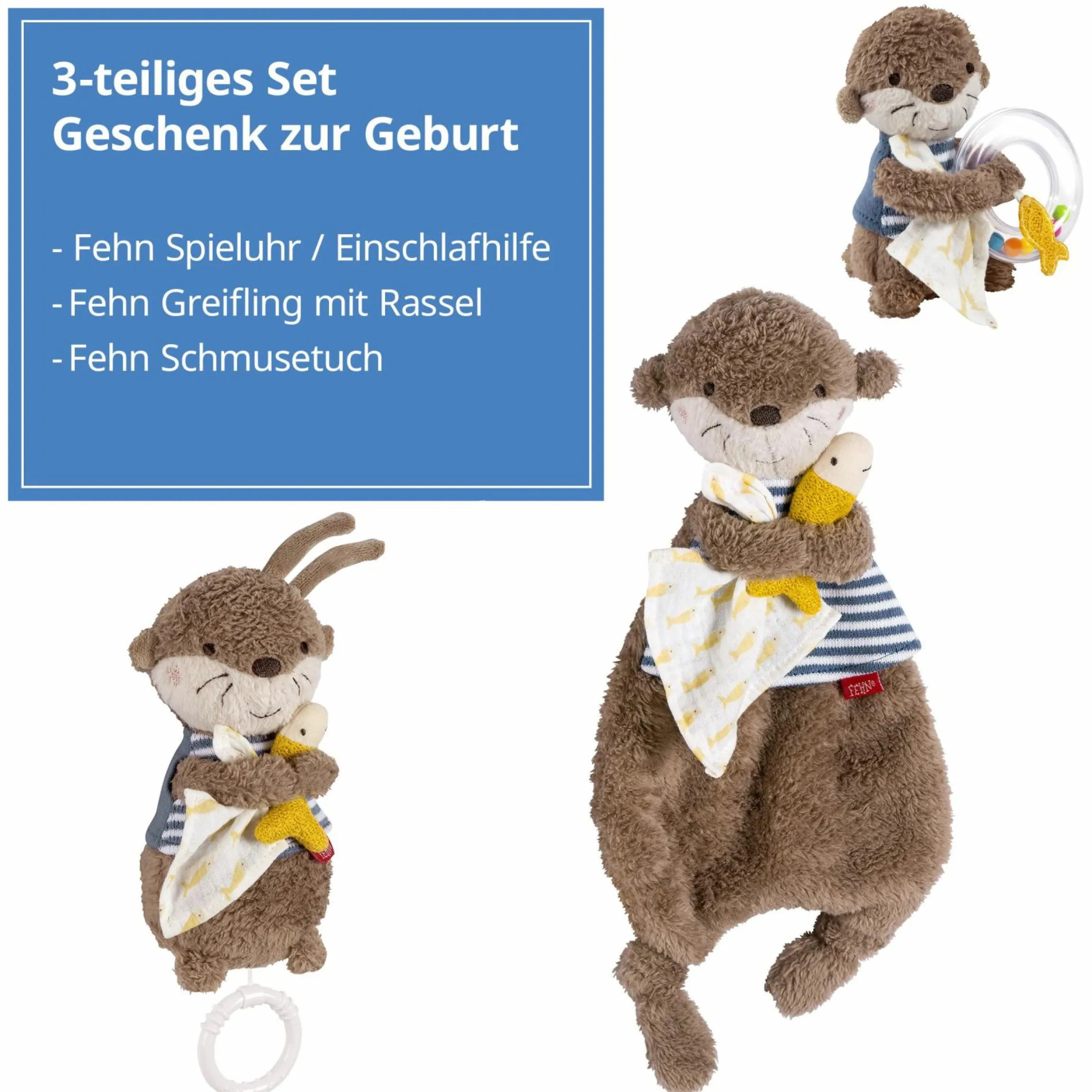 3-tlg. Geschenk-Set zur Geburt Schmusetuch, Spieluhr & Greifling - Otter