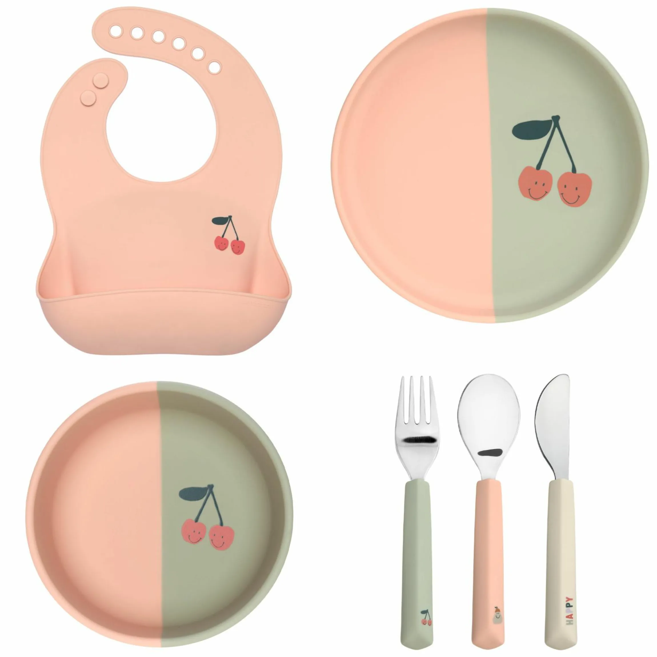 6-tlg. Geschirr-Set Silikon - Besteck + Schale + Teller + Lätzchen - Happy Fruits - Cherry