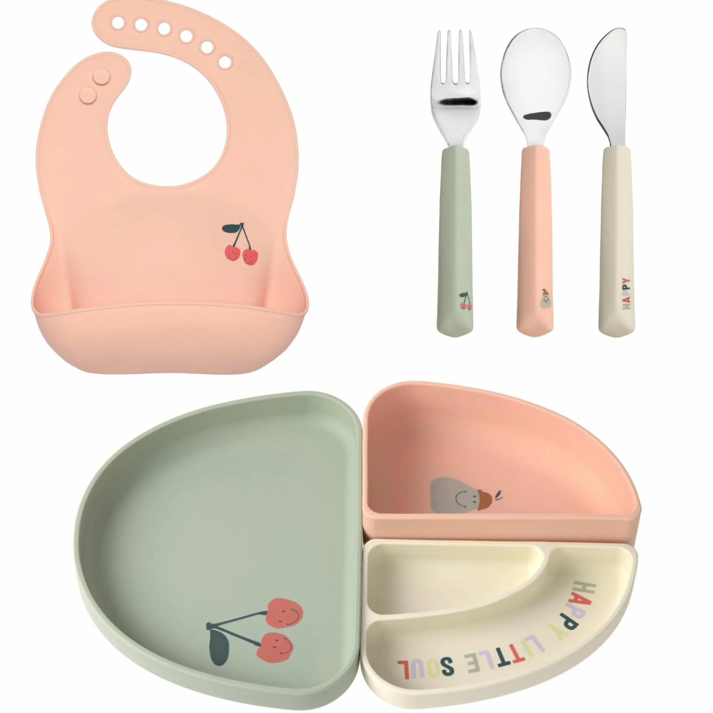 7-tlg. Geschirr-Set Silikon - Trennschalen + Besteck + Lätzchen - Happy Fruits - Cherry