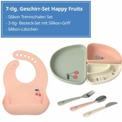 7-tlg. Geschirr-Set Silikon - Trennschalen + Besteck + Lätzchen - Happy Fruits - Cherry