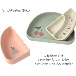 7-tlg. Geschirr-Set Silikon - Trennschalen + Besteck + Lätzchen - Happy Fruits - Cherry