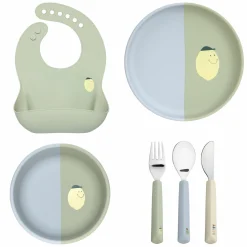 6-tlg. Geschirr-Set Silikon - Besteck + Schale + Teller + Lätzchen - Happy Fruits - Lemon