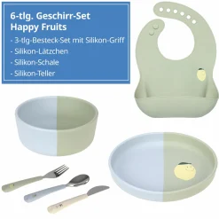 6-tlg. Geschirr-Set Silikon - Besteck + Schale + Teller + Lätzchen - Happy Fruits - Lemon
