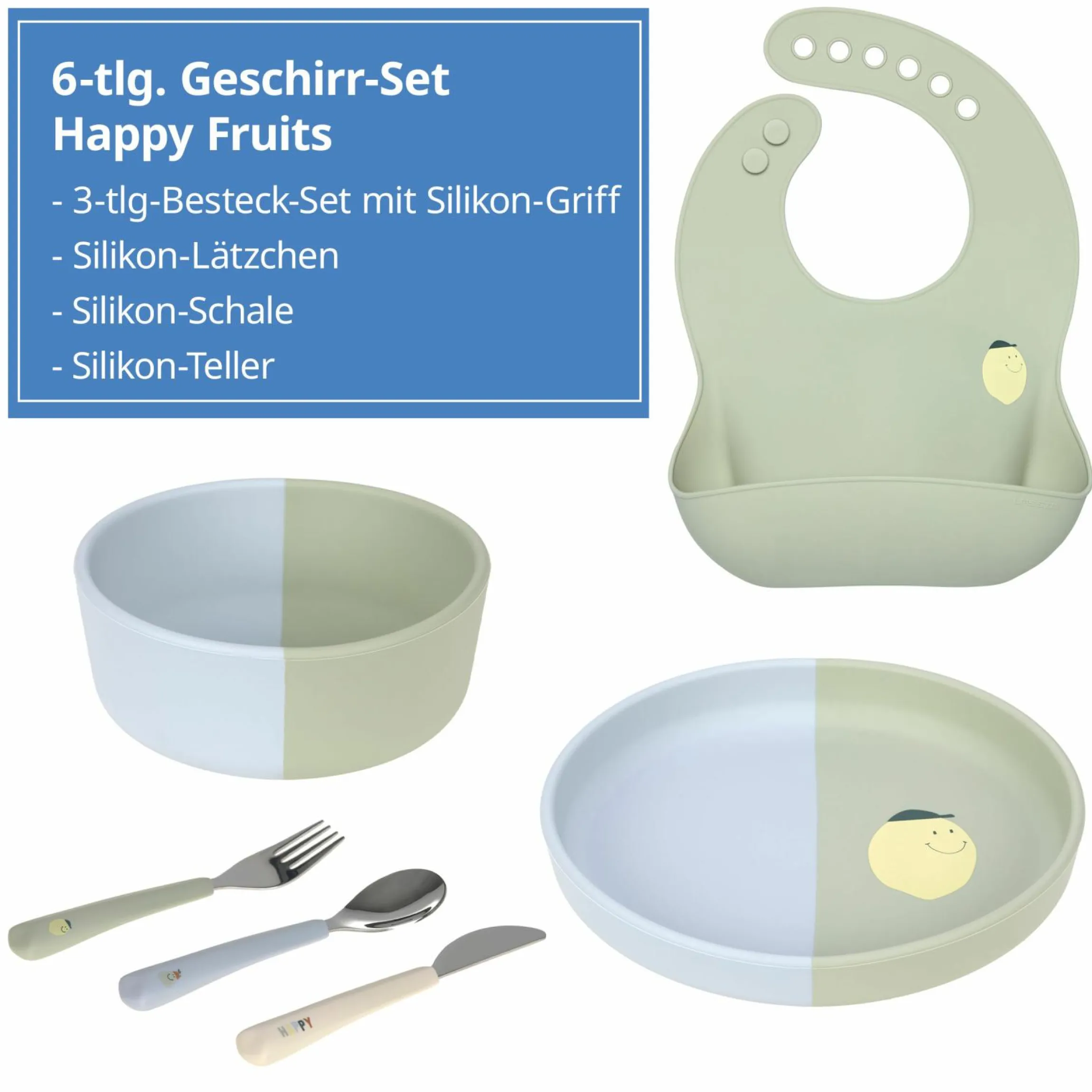 6-tlg. Geschirr-Set Silikon - Besteck + Schale + Teller + Lätzchen - Happy Fruits - Lemon