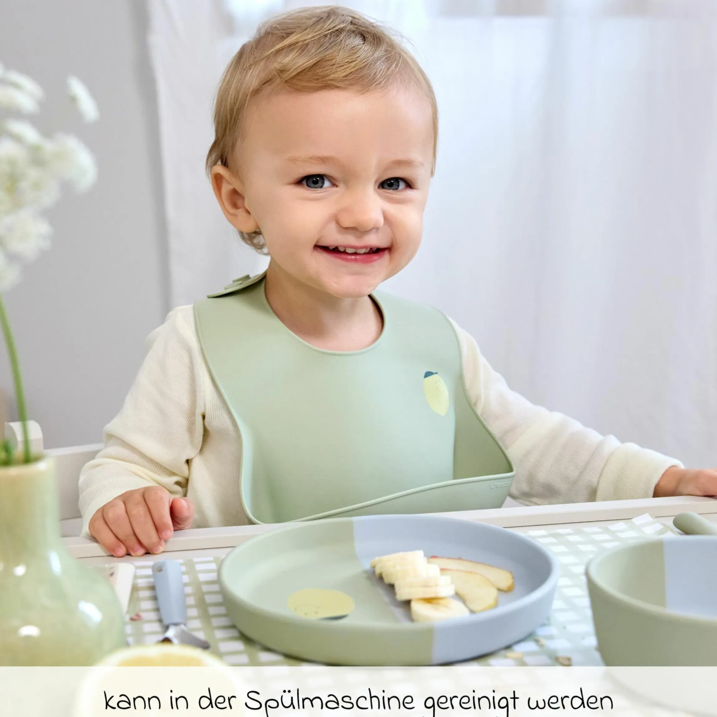6-tlg. Geschirr-Set Silikon - Besteck + Schale + Teller + Lätzchen - Happy Fruits - Lemon