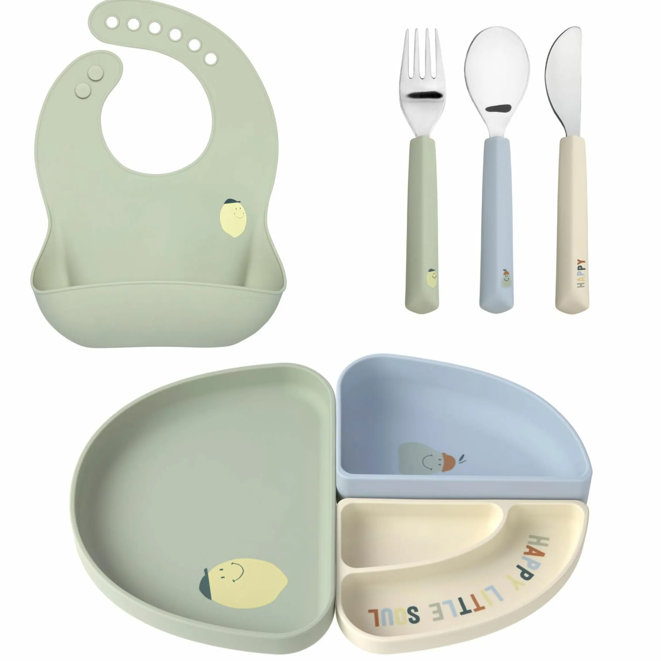 7-tlg. Geschirr-Set Silikon - Trennschalen + Besteck + Lätzchen - Happy Fruits - Lemon