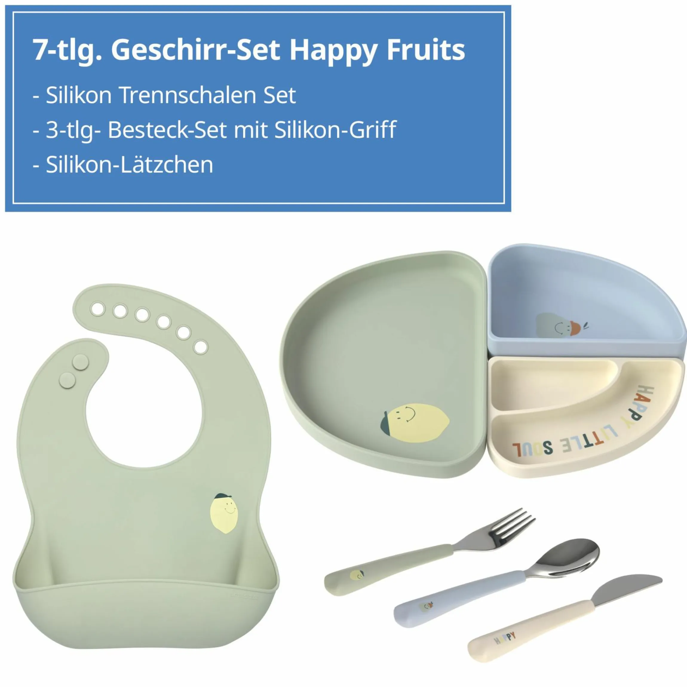 7-tlg. Geschirr-Set Silikon - Trennschalen + Besteck + Lätzchen - Happy Fruits - Lemon