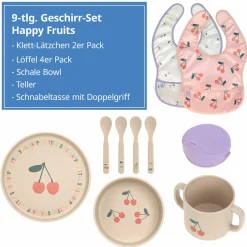 9-tlg. Geschirr-Set Zellulose - Schnabel-Tasse + Löffel + Schale + Teller + Lätzchen - Happy Fruits - Cherry