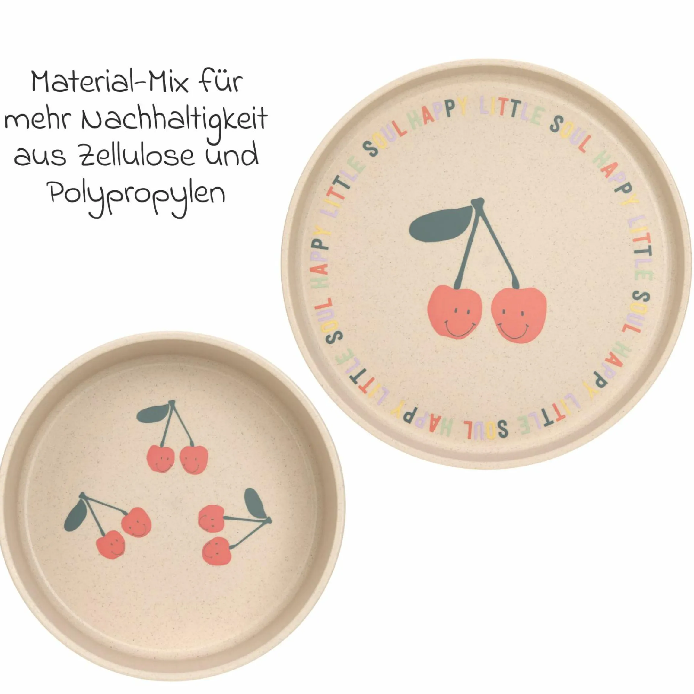 9-tlg. Geschirr-Set Zellulose - Schnabel-Tasse + Löffel + Schale + Teller + Lätzchen - Happy Fruits - Cherry