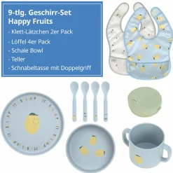 9-tlg. Geschirr-Set Zellulose - Schnabel-Tasse + Löffel + Schale + Teller + Lätzchen - Happy Fruits - Lemon