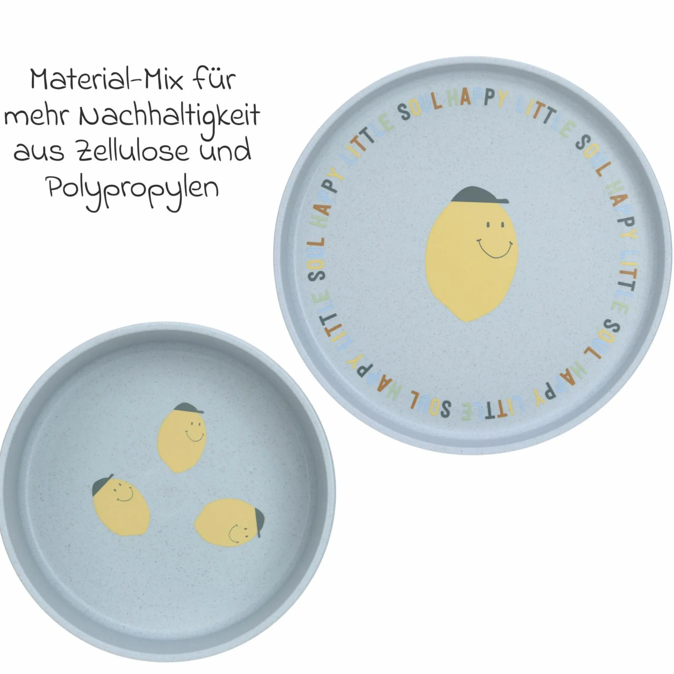 9-tlg. Geschirr-Set Zellulose - Schnabel-Tasse + Löffel + Schale + Teller + Lätzchen - Happy Fruits - Lemon