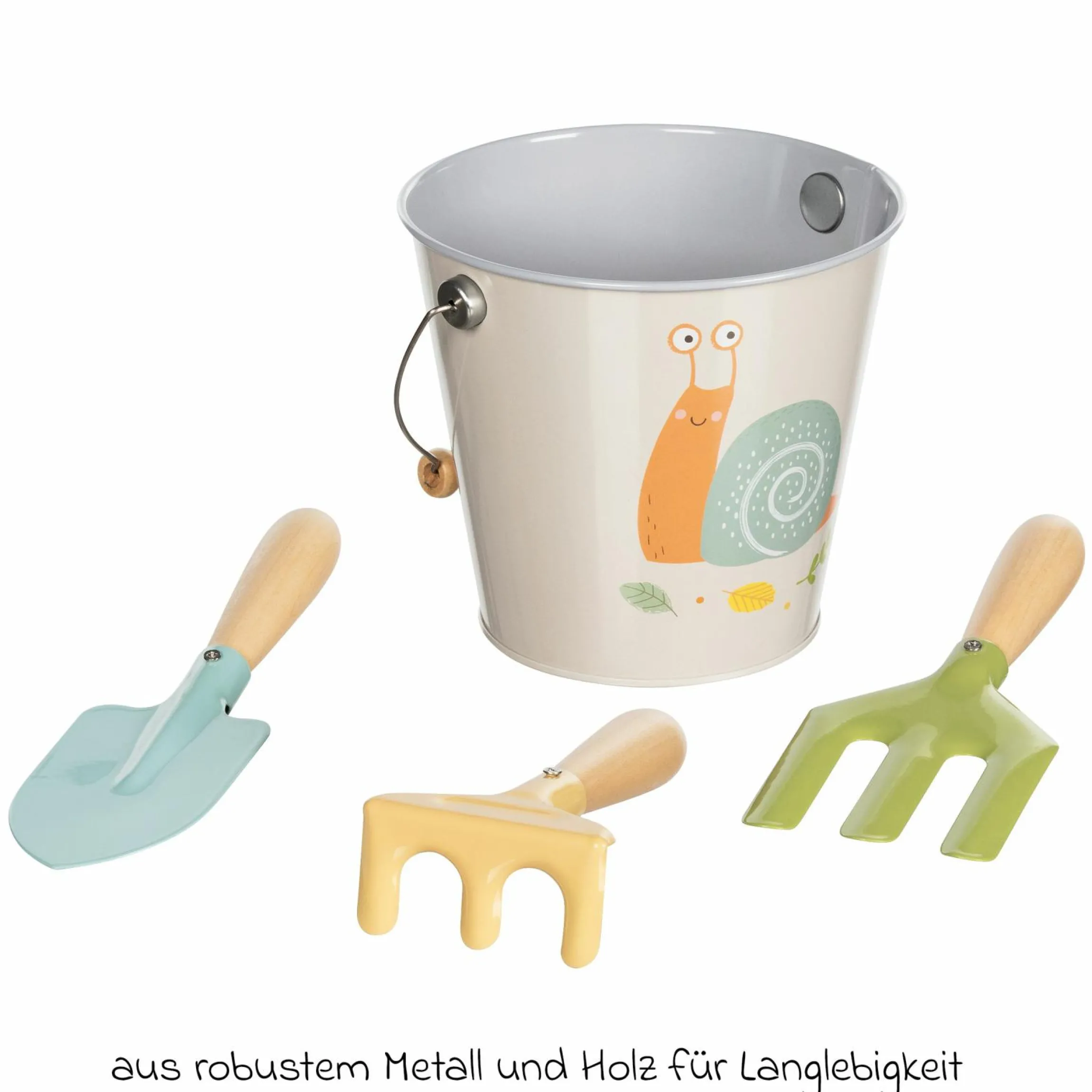 4-tlg. Gärtner-Set inkl. Eimer, Spaten, Harke & Grabegabel - Schnecke