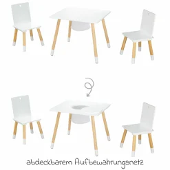 3-tlg. Kindersitzgruppe inkl. 1 Tisch mit Aufbewahrungsnetz & 2 Stühle - Weiß