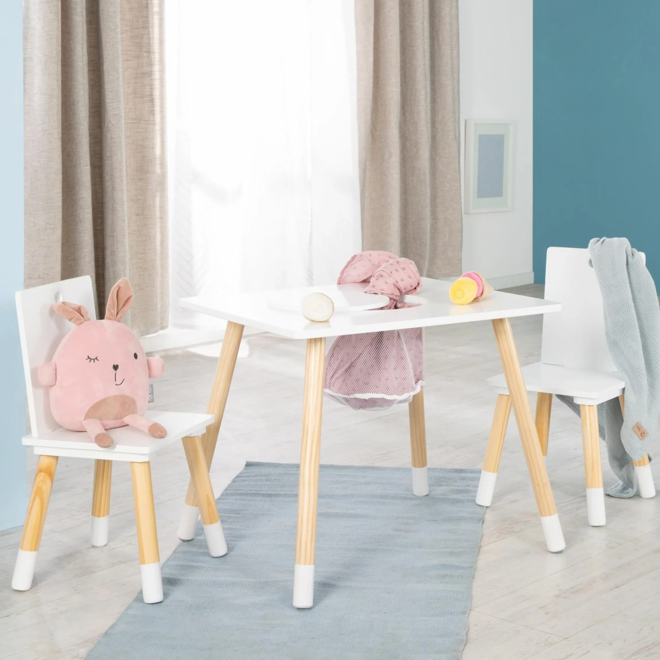 3-tlg. Kindersitzgruppe inkl. 1 Tisch mit Aufbewahrungsnetz & 2 Stühle - Weiß
