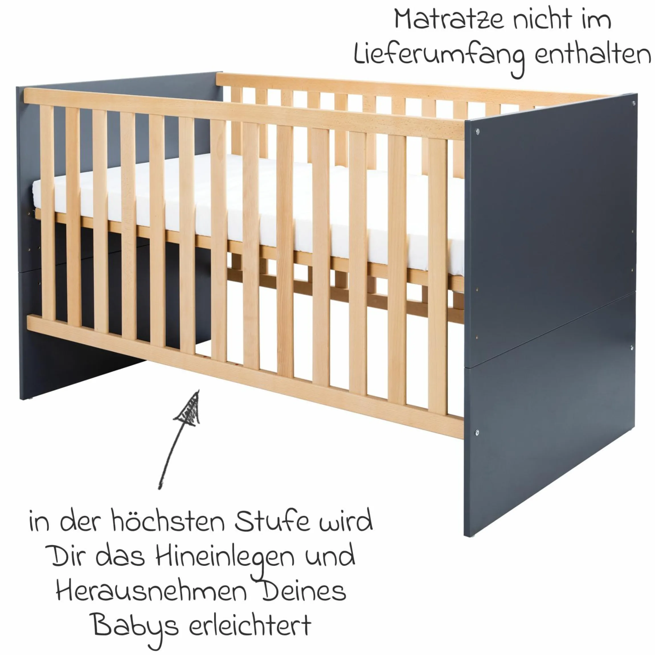 3-tlg Kinderzimmer-Set Alessio mit 3-türigem Schrank, Bett, Wickelkommode mit Wickelaufsatz - Artisan-Oak / Anthrazit - Kollektion 2024
