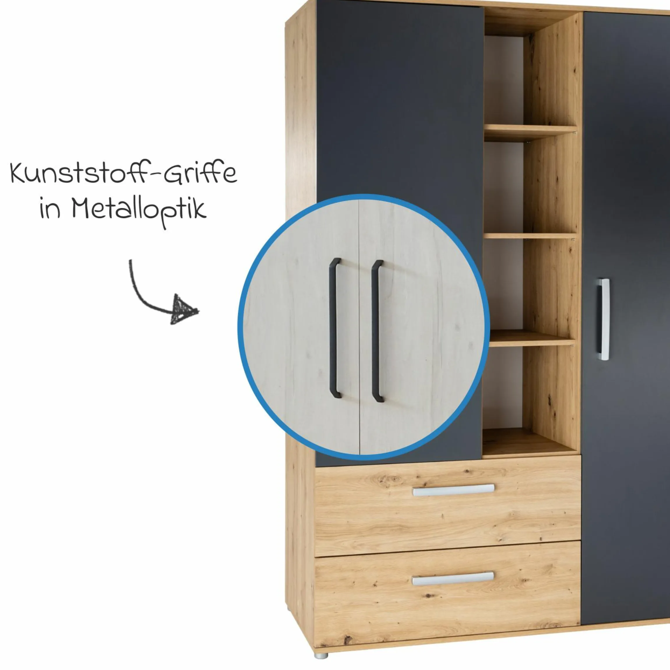 3-tlg Kinderzimmer-Set Alessio mit 3-türigem Schrank, Bett, Wickelkommode mit Wickelaufsatz - Artisan-Oak / Anthrazit - Kollektion 2024