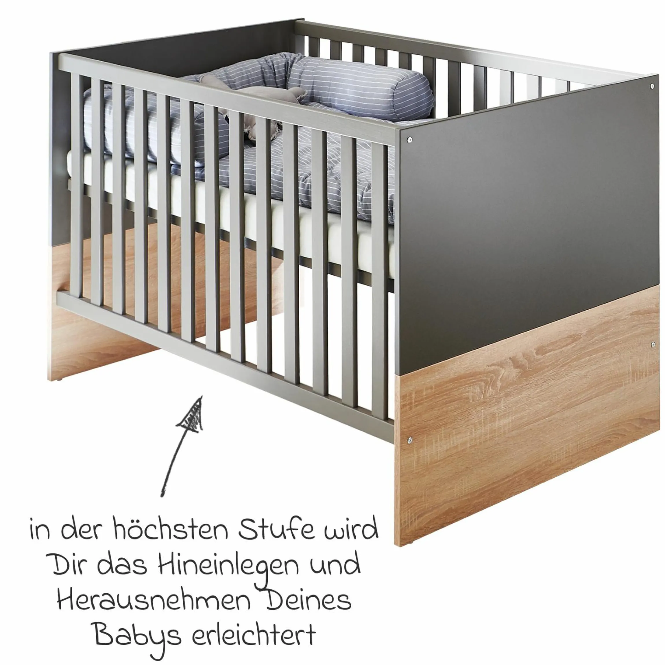 3-tlg Kinderzimmer-Set Cloe mit 3-türigem Schrank, Bett, Wickelkommode mit Wickelaufsatz - Lava Matt / Eiche Sägerau - Kollektion 2024