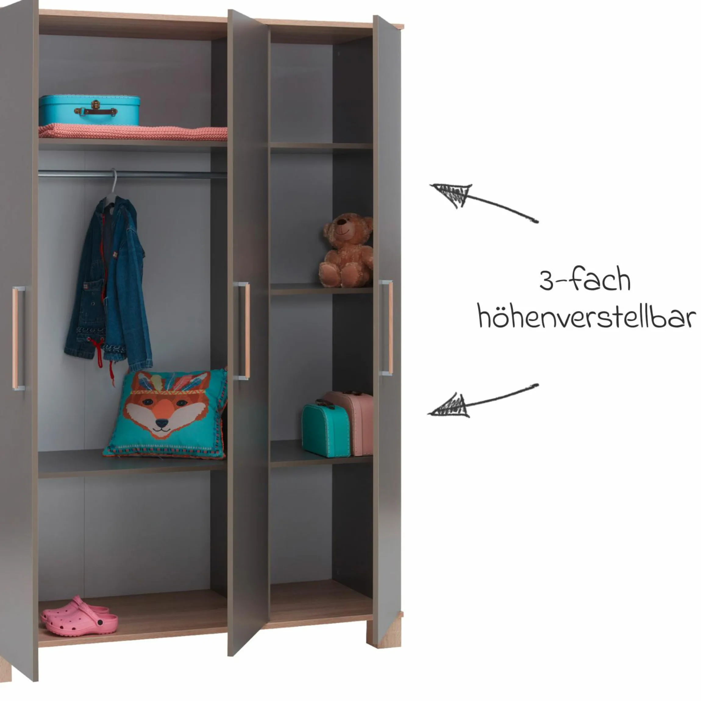 3-tlg Kinderzimmer-Set Cloe mit 3-türigem Schrank, Bett, Wickelkommode mit Wickelaufsatz - Lava Matt / Eiche Sägerau - Kollektion 2024