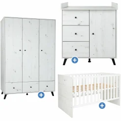 3-tlg Kinderzimmer-Set Lavea mit 3-türigem Schrank, Bett, Wickelkommode mit Wickelaufsatz - White-Oak / Schwarz - Kollektion 2024