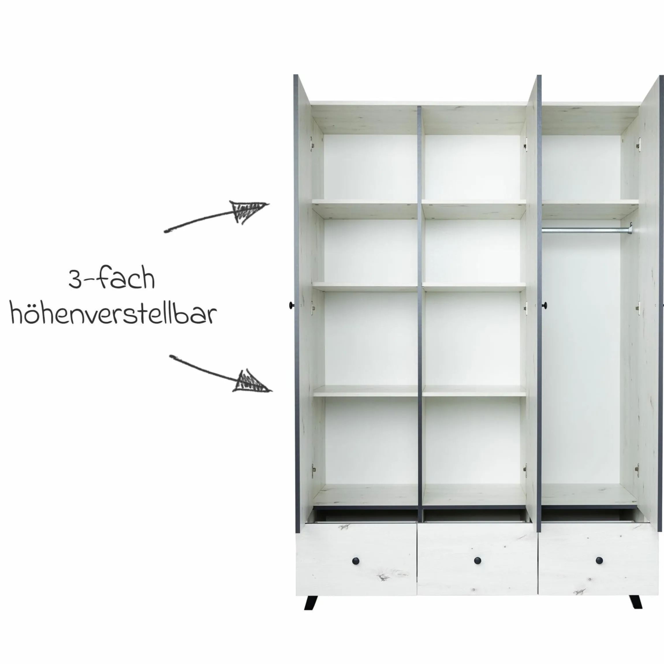 3-tlg Kinderzimmer-Set Lavea mit 3-türigem Schrank, Bett, Wickelkommode mit Wickelaufsatz - White-Oak / Schwarz - Kollektion 2024