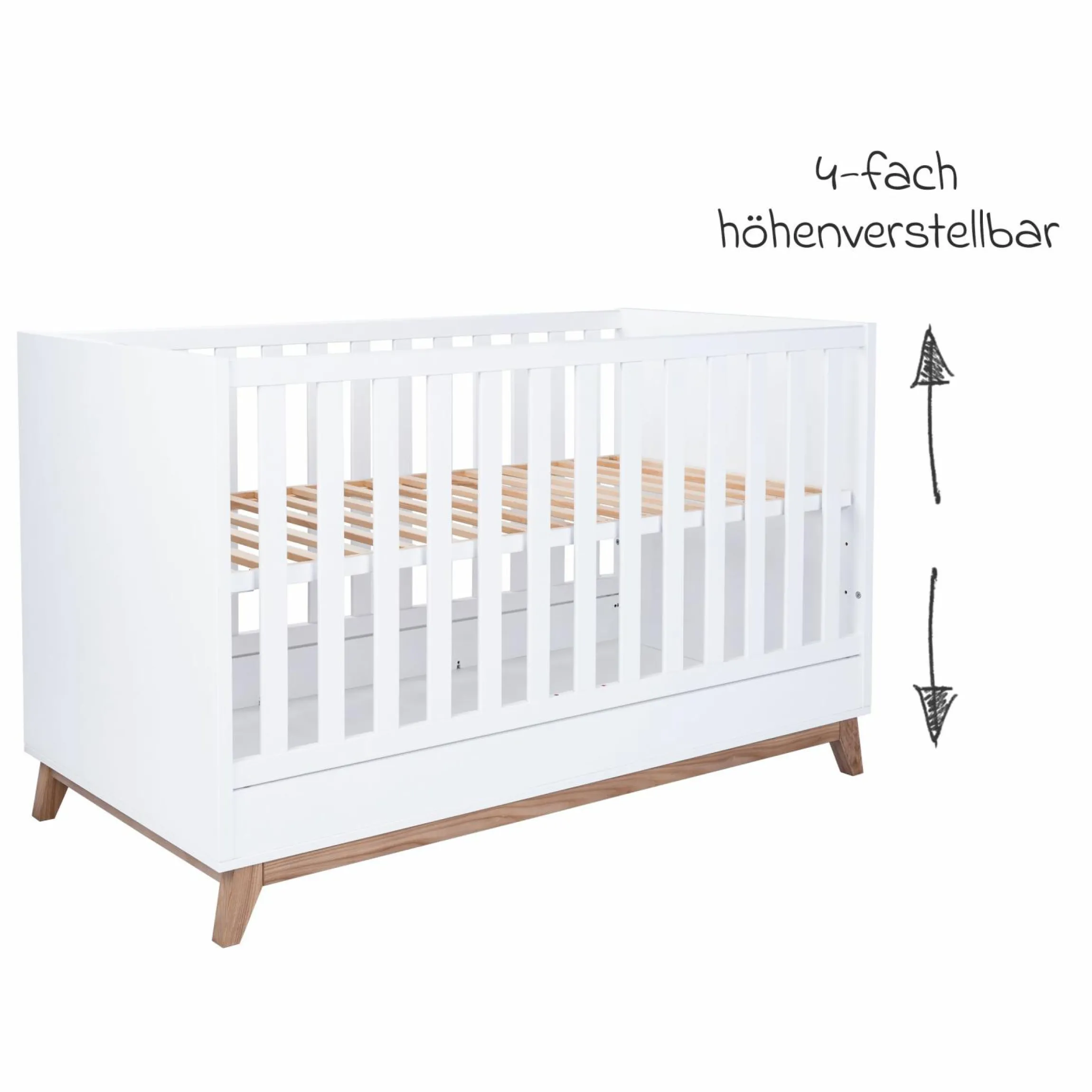 3-tlg Kinderzimmer-Set Lina mit 4-türigem Schrank, Bett, Wickelkommode mit Wickelaufsatz - Kreideweiß / Walnuss-Optik - Kollektion 2024