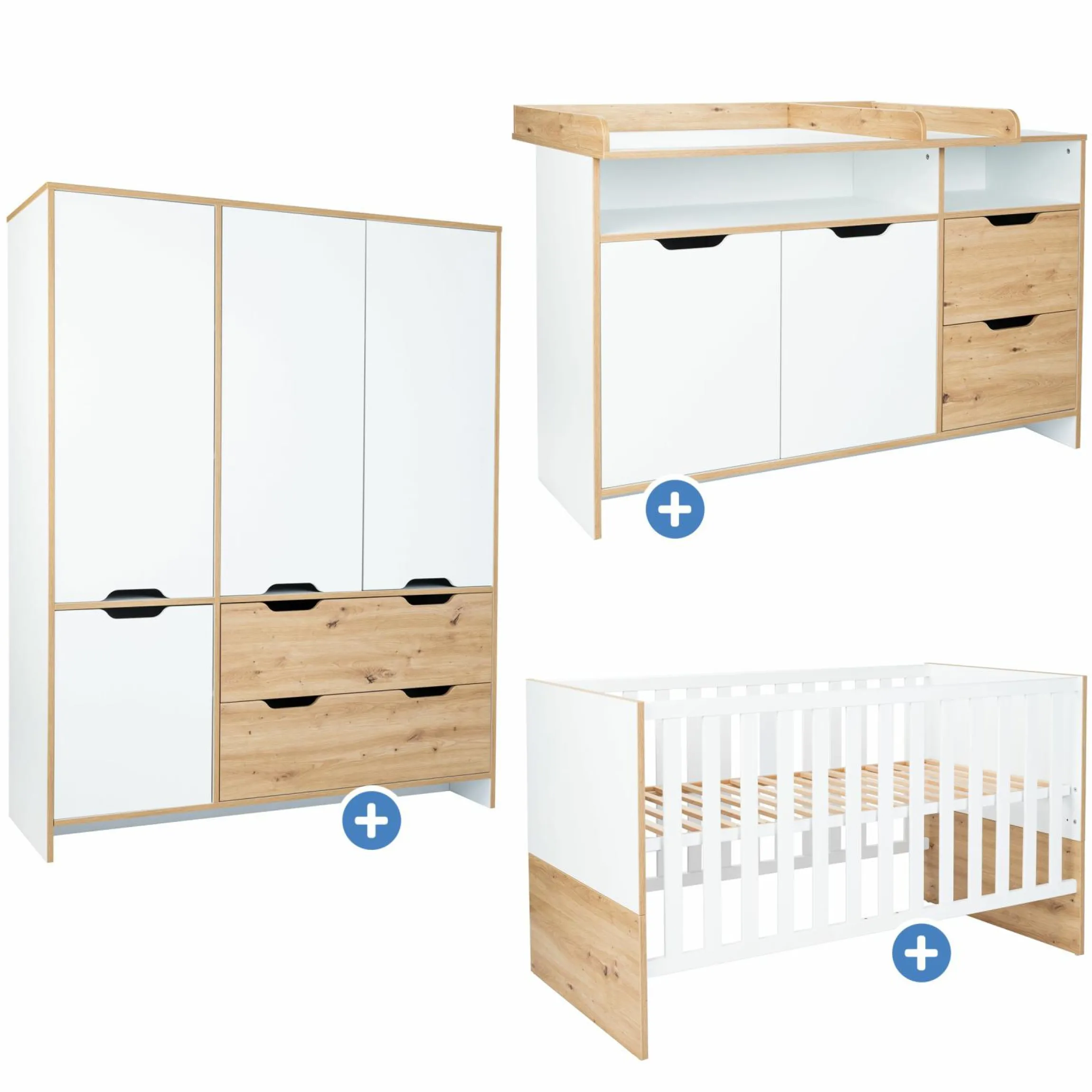 3-tlg Kinderzimmer-Set Maxim mit 4-türigem Schrank, Bett, Wickelkommode mit Wickelaufsatz - Kreideweiß / Artisan-Oak - Kollektion 2024