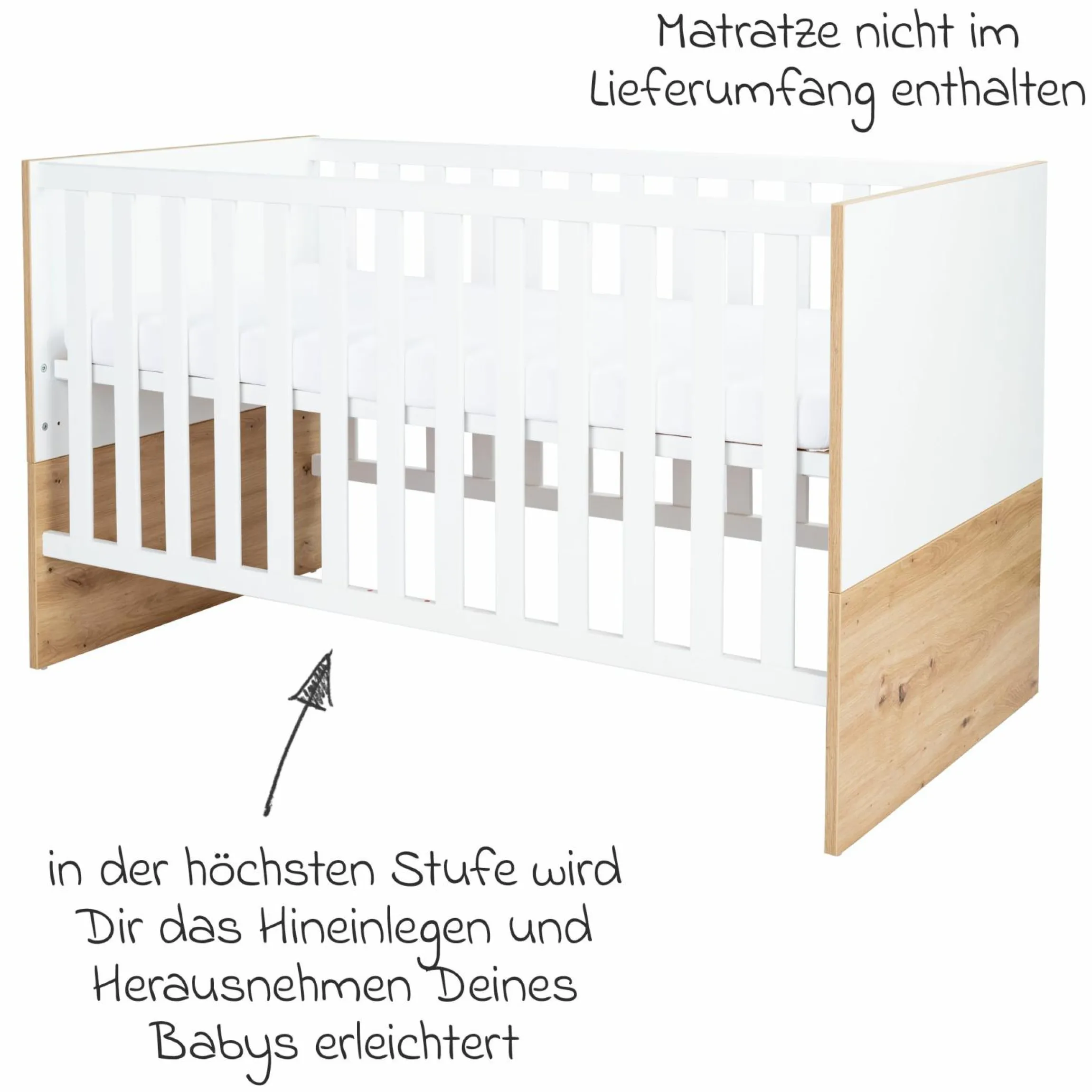 3-tlg Kinderzimmer-Set Maxim mit 4-türigem Schrank, Bett, Wickelkommode mit Wickelaufsatz - Kreideweiß / Artisan-Oak - Kollektion 2024