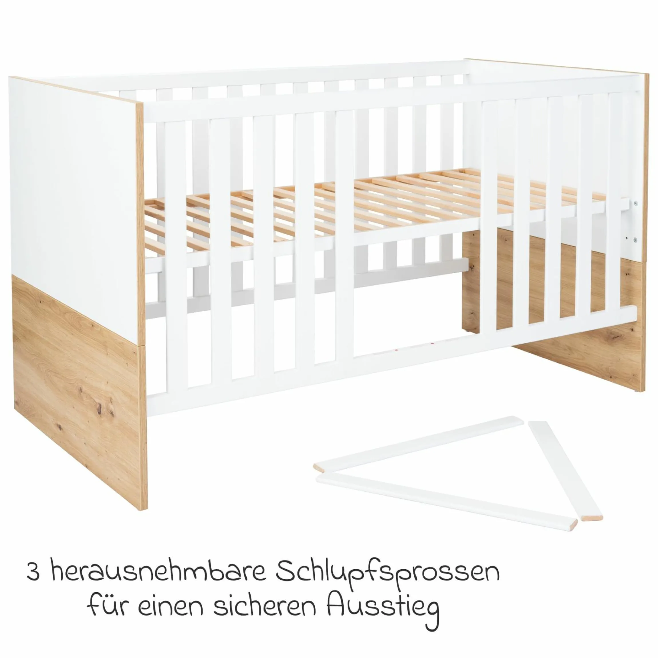 3-tlg Kinderzimmer-Set Maxim mit 4-türigem Schrank, Bett, Wickelkommode mit Wickelaufsatz - Kreideweiß / Artisan-Oak - Kollektion 2024
