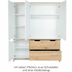 3-tlg Kinderzimmer-Set Maxim mit 4-türigem Schrank, Bett, Wickelkommode mit Wickelaufsatz - Kreideweiß / Artisan-Oak - Kollektion 2024
